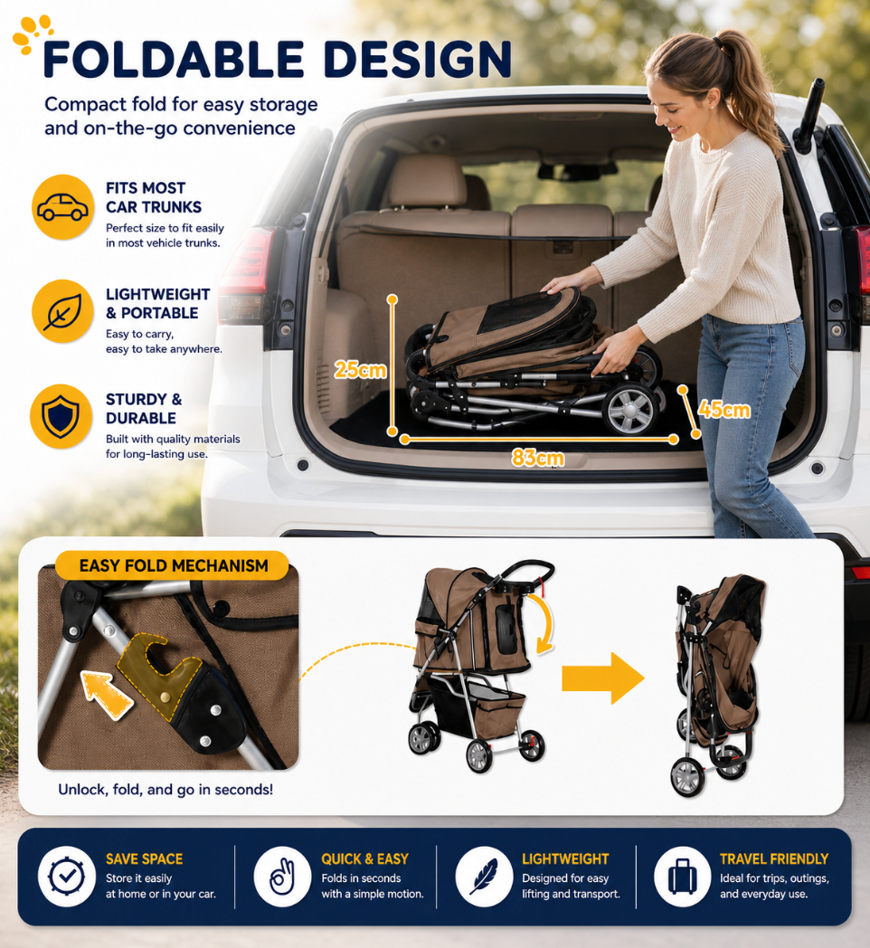 3-Wheel Pet Stroller – Brown