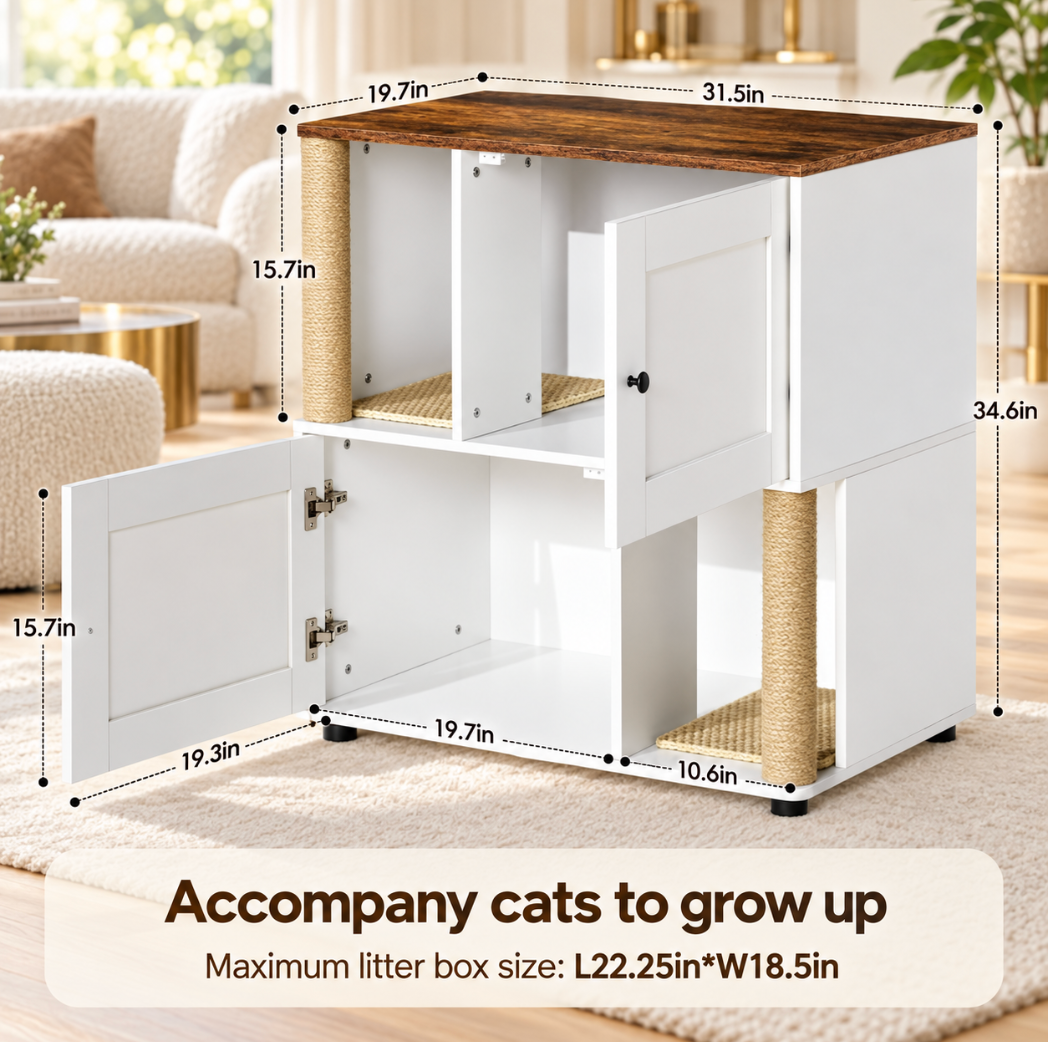 White Double Cat Litter Box Enclosure with Shelf
