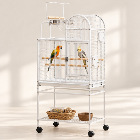 Large White Parrot Cage with Playtop & Rolling Stand – 55” Tall