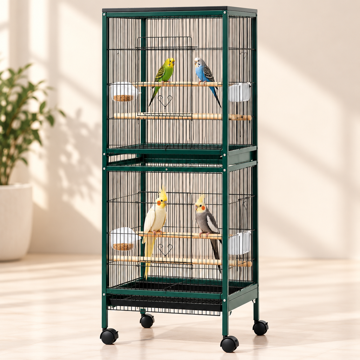 Large Green Double-Tier Bird Cage with Rolling Stand
