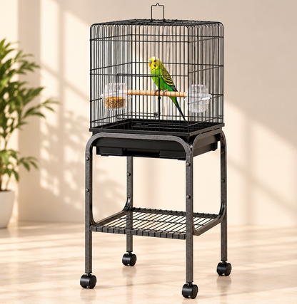 Indoor Bird Cage with Rolling Stand & Storage Shelf