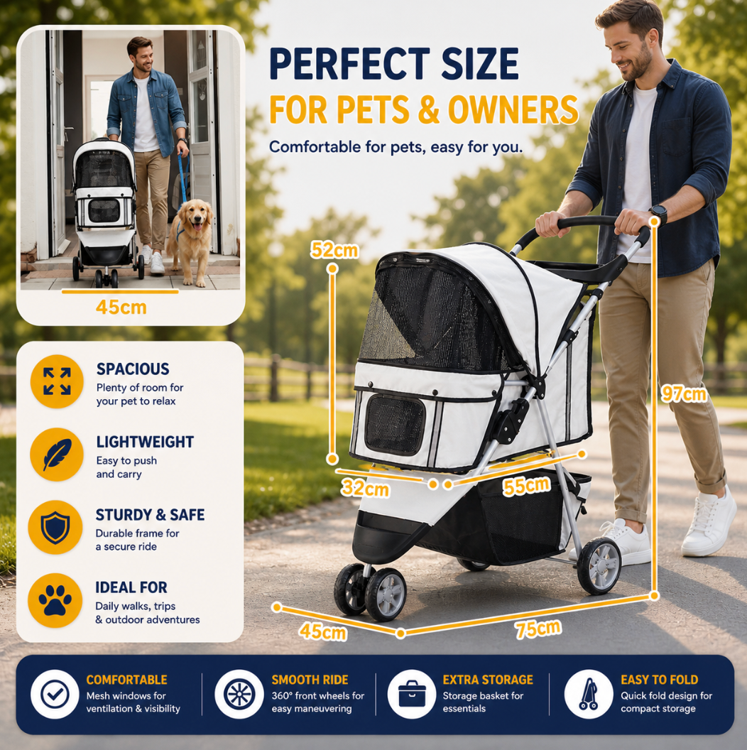 3-Wheel Pet Stroller – Grey