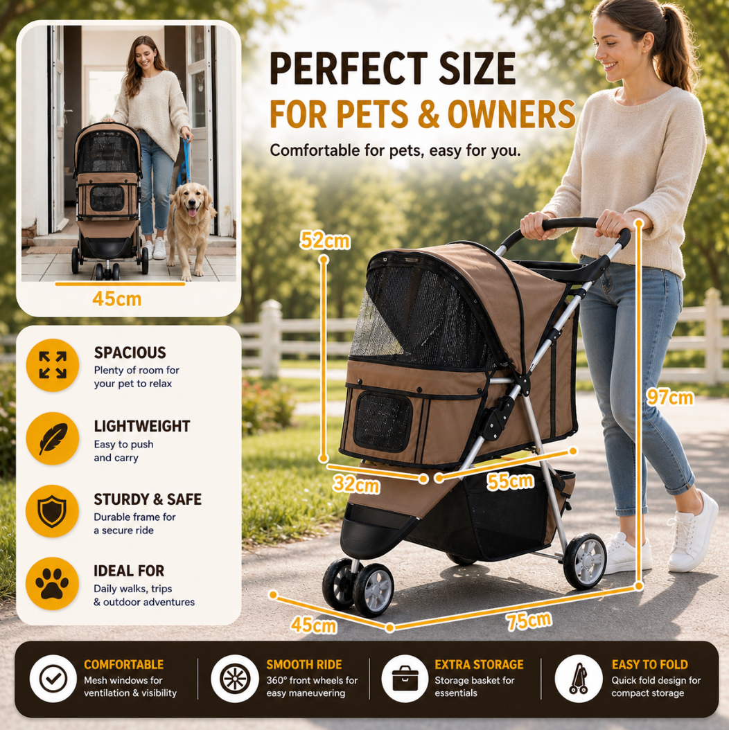 3-Wheel Pet Stroller – Brown