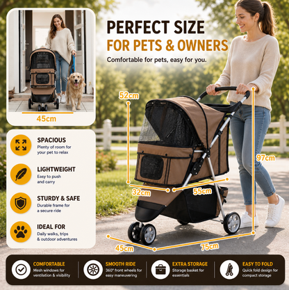 3-Wheel Pet Stroller – Brown
