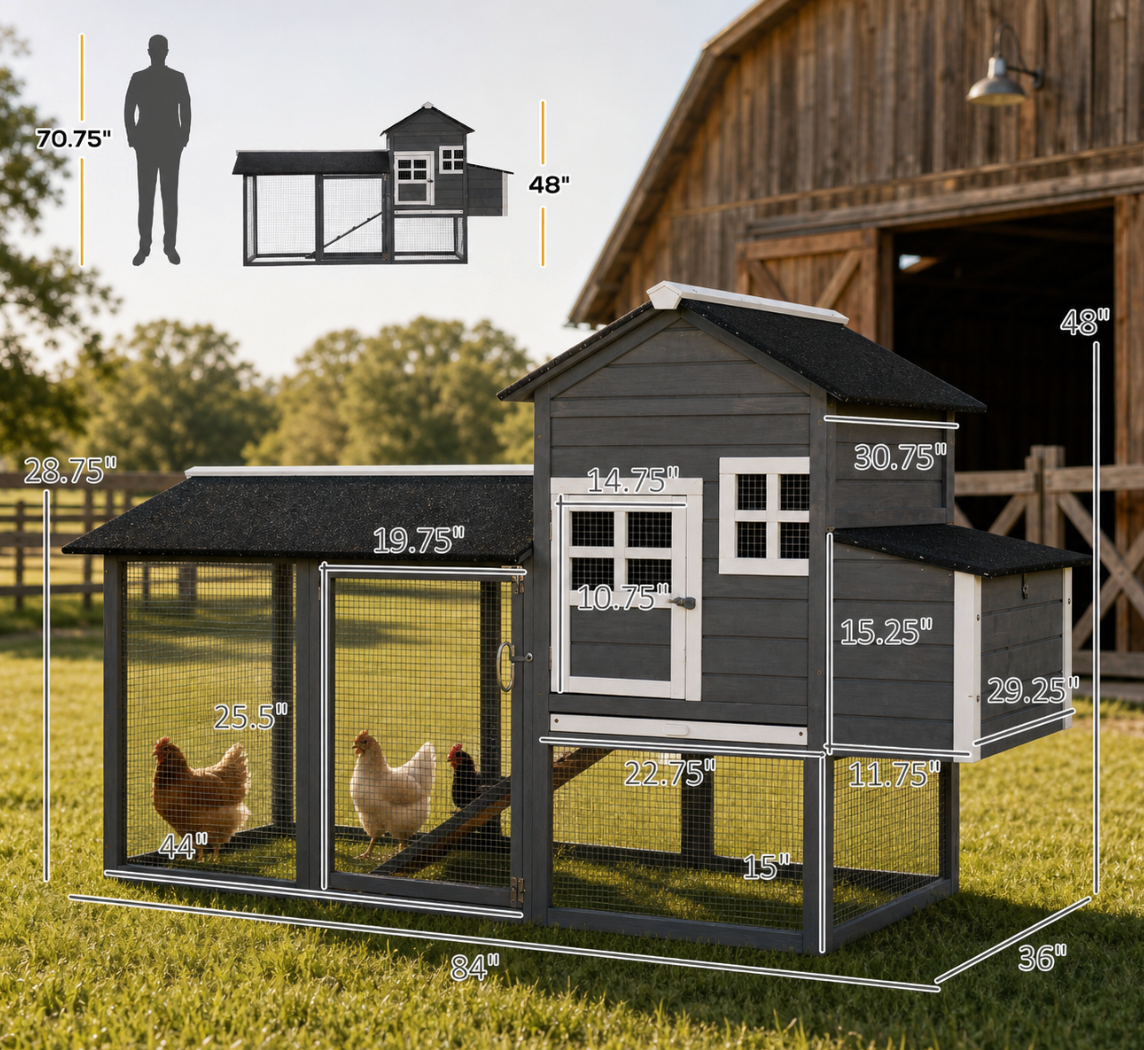 84" Wooden Chicken Coop – Gray