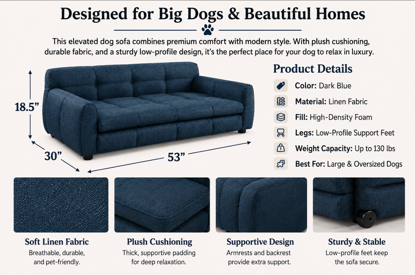 Luxury Linen Dog Sofa Bed – Dark Blue