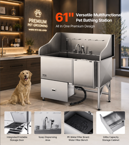 61” Stainless Steel Pet Grooming Tub