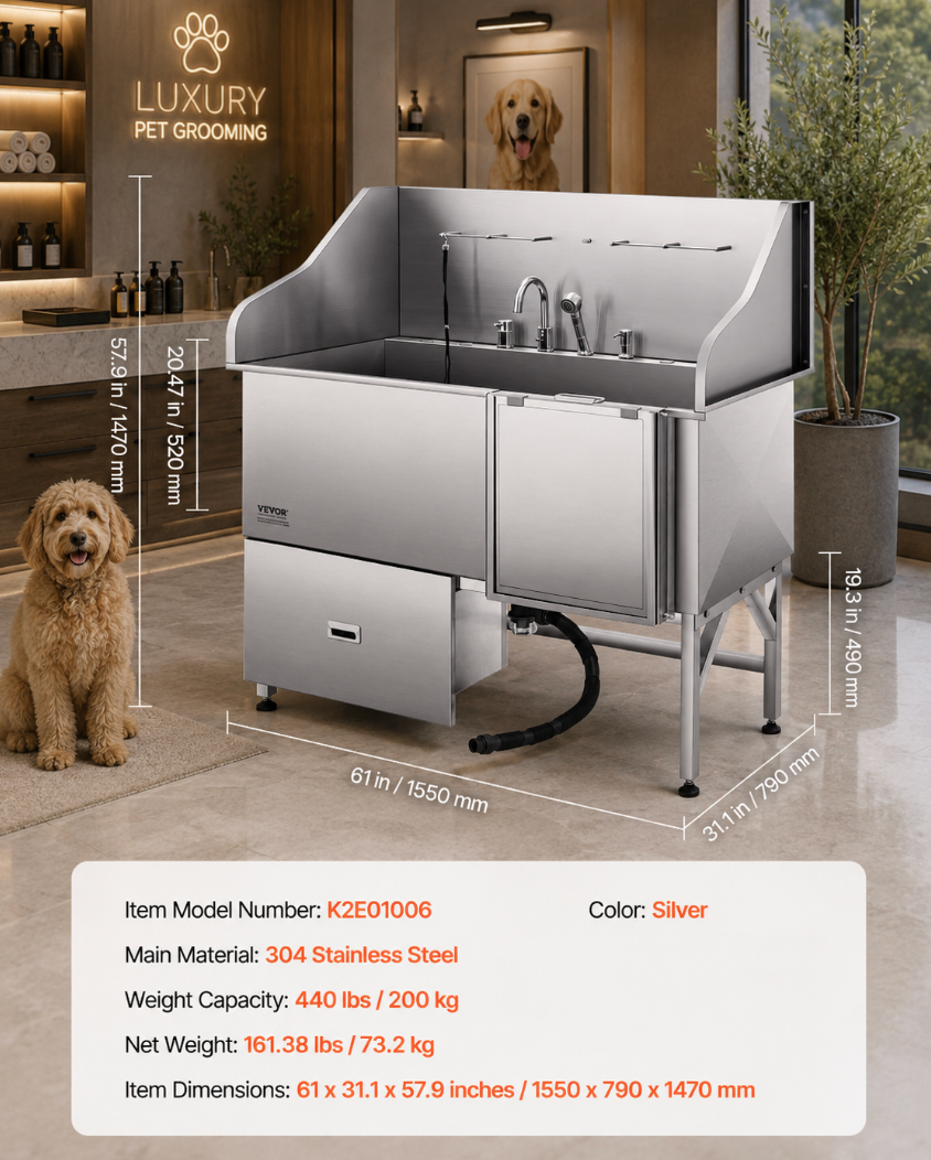 61” Stainless Steel Pet Grooming Tub