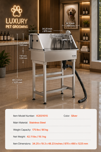 34” Stainless Steel Pet Grooming Tub