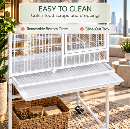 Large White Parrot Cage with Playtop & Rolling Stand – 55” Tall