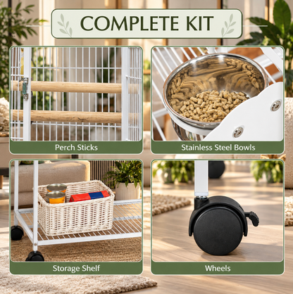Large White Parrot Cage with Playtop & Rolling Stand – 55” Tall