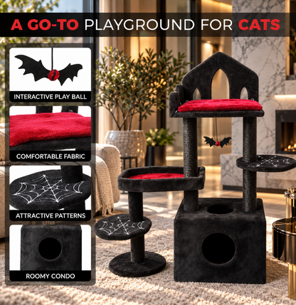 Black Gothic Cat Tree with Scratching Posts & Cat Cave