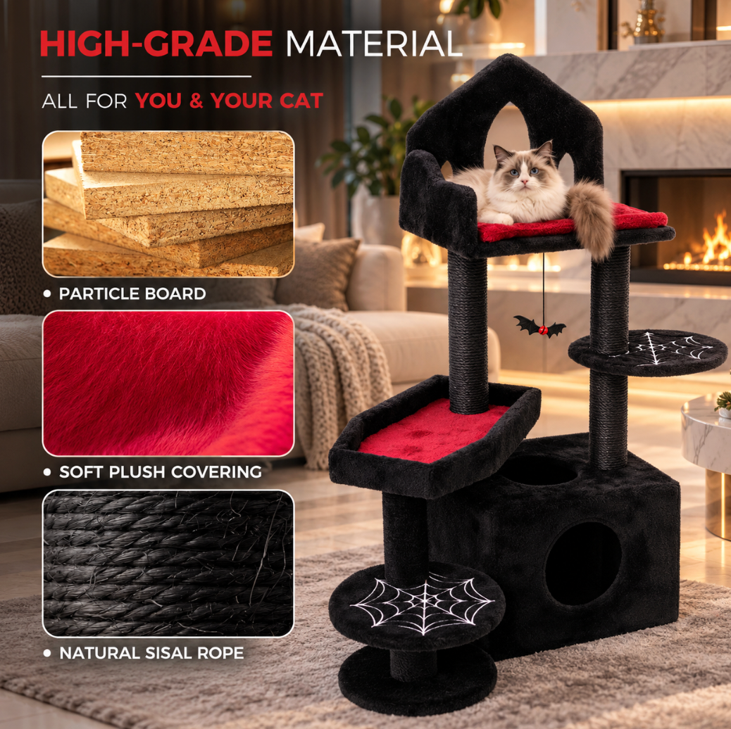 Black Gothic Cat Tree with Scratching Posts & Cat Cave