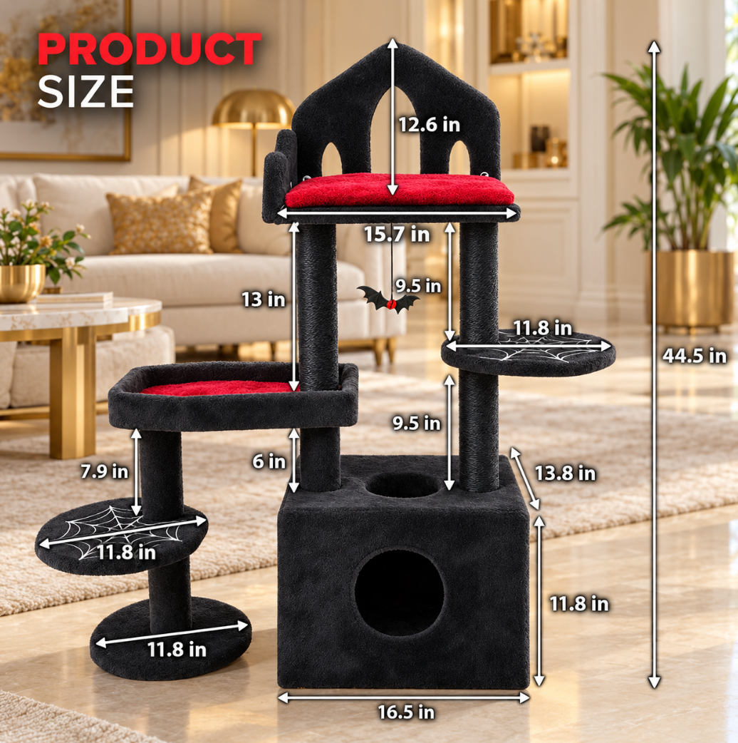 Black Gothic Cat Tree with Scratching Posts & Cat Cave