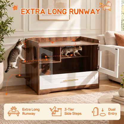 Cat Litter Box Enclosure Cabinet with Acrylic Door & Drawer