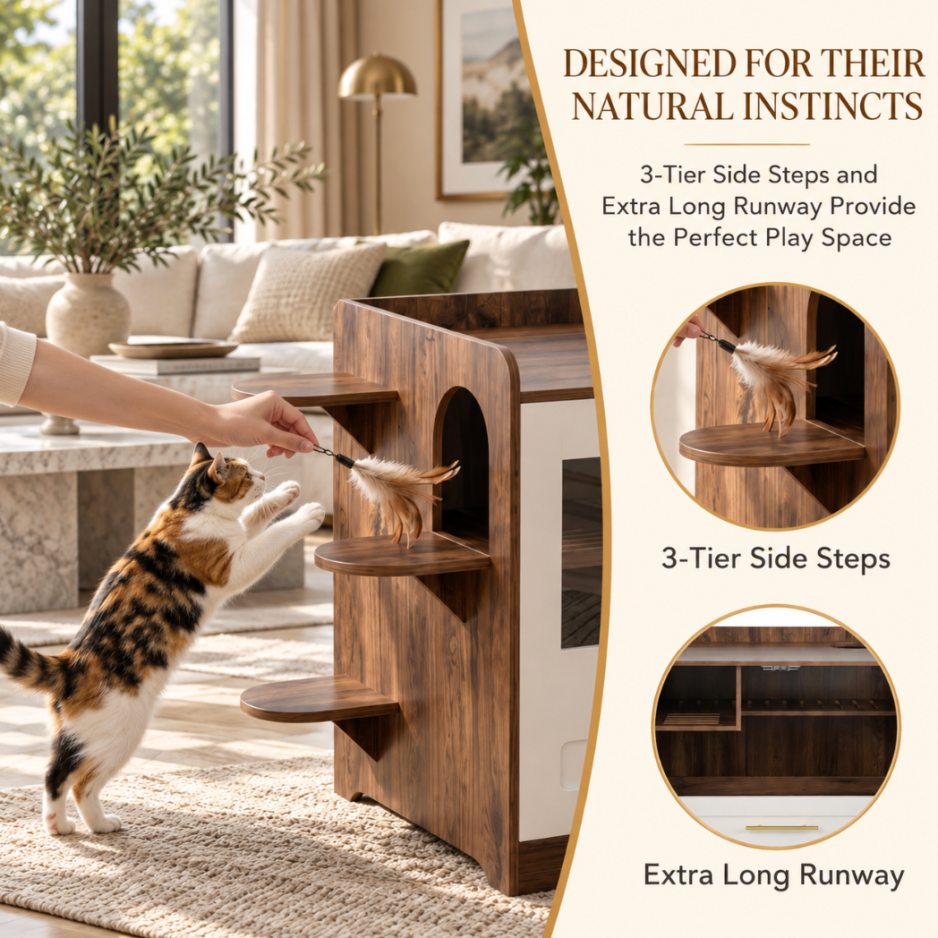 Cat Litter Box Enclosure Cabinet with Acrylic Door & Drawer