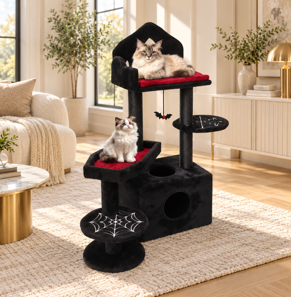 Black Gothic Cat Tree with Scratching Posts & Cat Cave