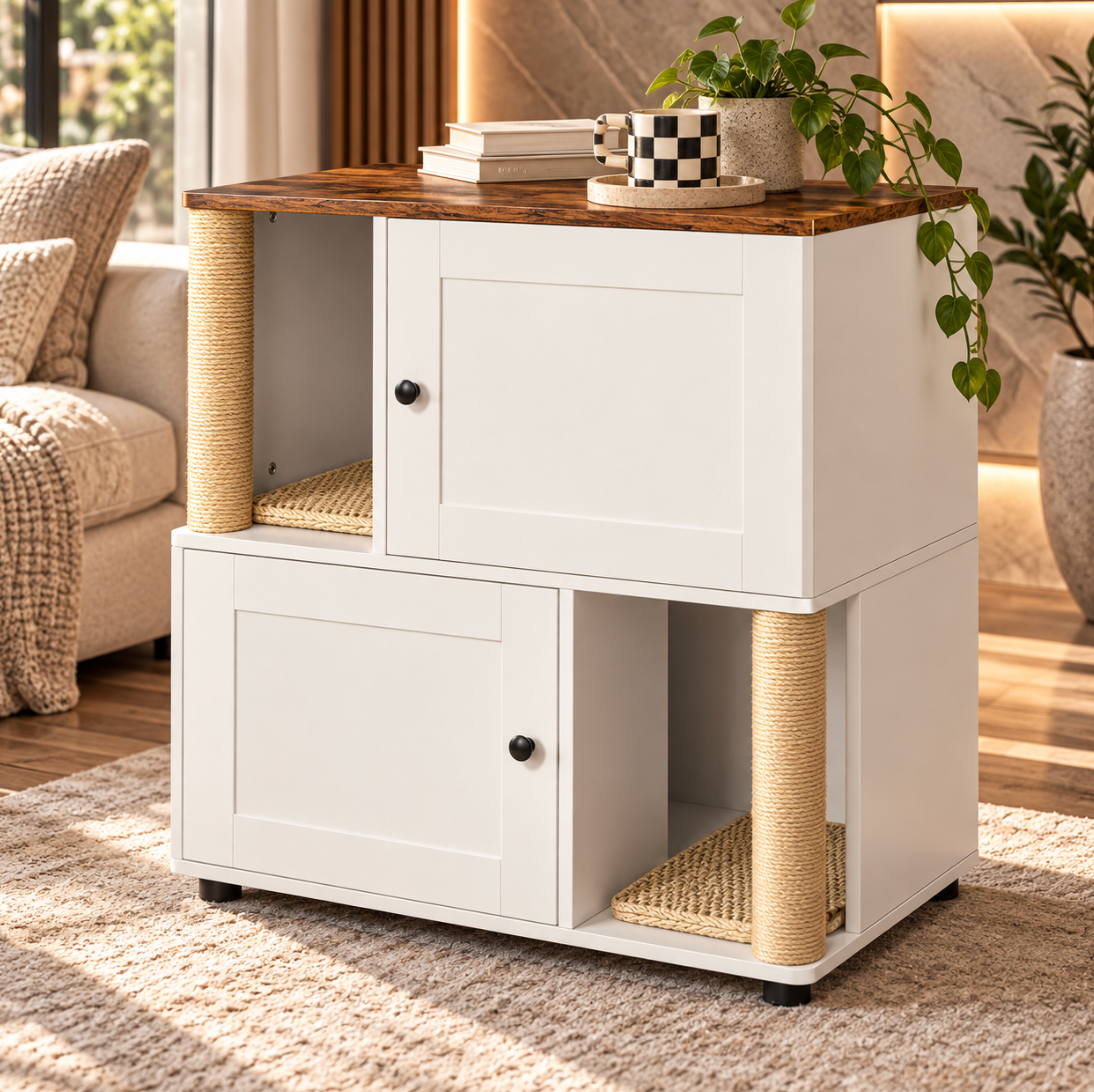 White Double Cat Litter Box Enclosure with Shelf