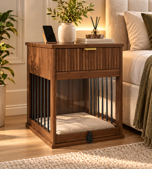 Wooden Dog Crate End Table with Charging Station