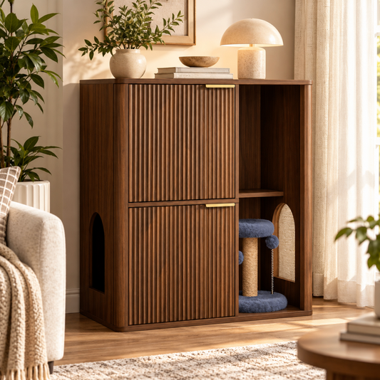Walnut Cat Litter Cabinet & Cat Tree