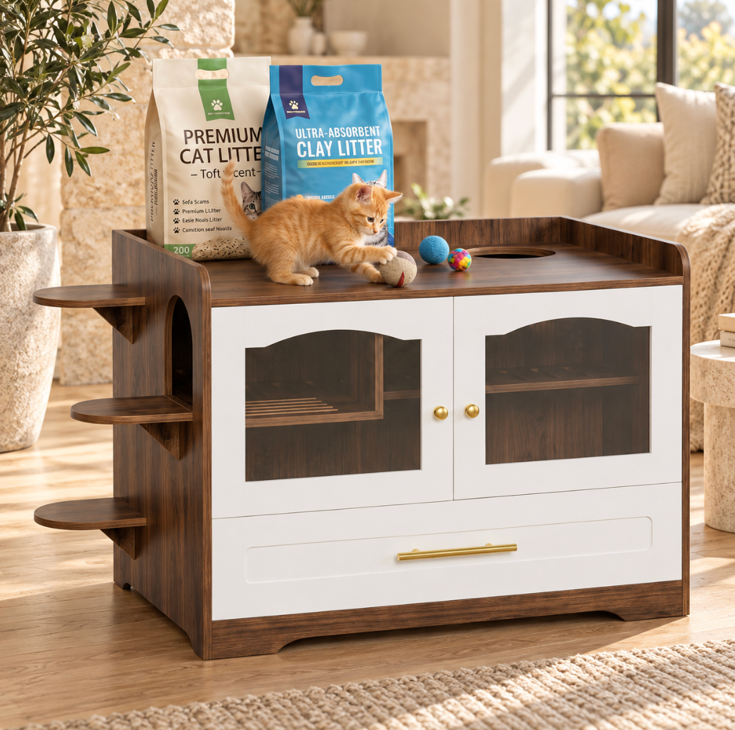 Cat Litter Box Enclosure Cabinet with Acrylic Door & Drawer