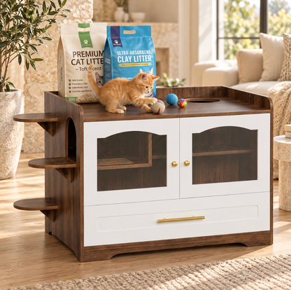 Cat Litter Box Enclosure Cabinet with Acrylic Door & Drawer