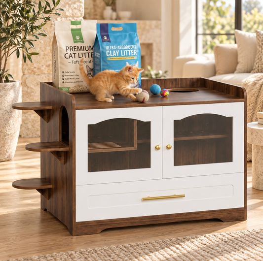 Cat Litter Box Enclosure Cabinet with Acrylic Door & Drawer